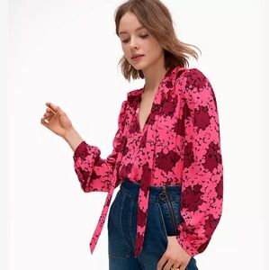 Kate Spade New York Floral Pink Printed Women's Top Blouse Neck Tie Bow Straps S